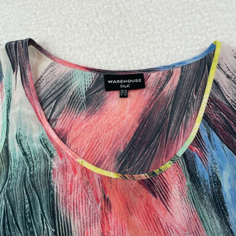 WAREHOUSE • Silk Colorful Abstract Feather Print Tank Top, 6 - Picture 9 of 11